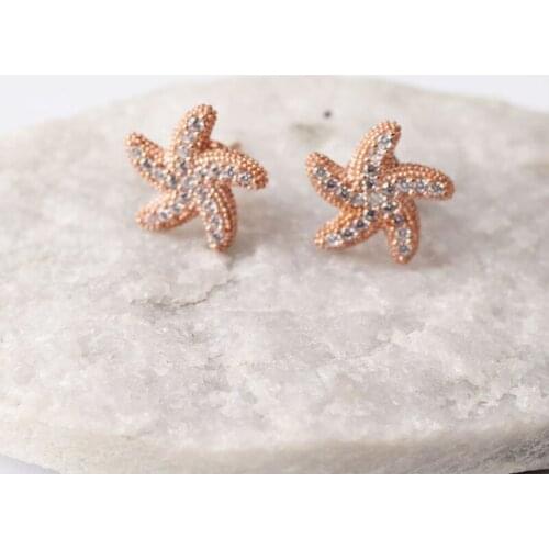 Women Handmade Rose Gold Starfish Zircon Earring, Handmade 925Silver Woman Zircon Earring,Handmade Zircon Women Earring