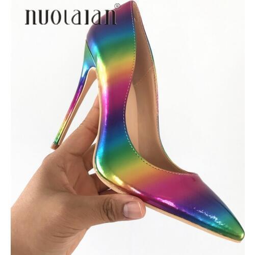 2019 Brand fashion Women Shoes Rainbow Printed Leather Woman Shoes Sexy Stilettos High Heels 8 10 12cm Pointed Toe Women Pumps