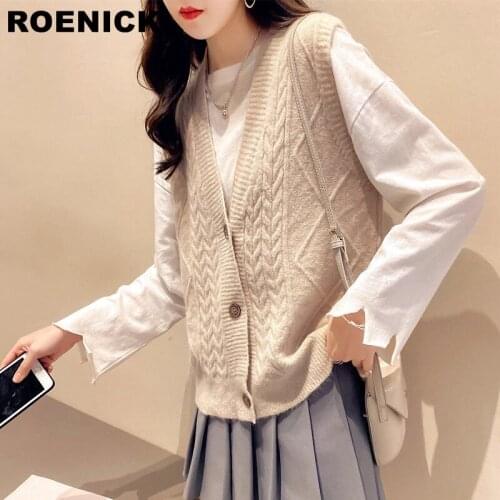 ROENICK Sweaters Vests Women Solid Single-breasted V-neck Sweater Vest Womens Plus-size Korean-style Loose Simple All-match