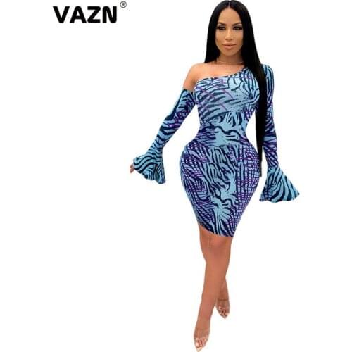 VAZN New Free Size Fashion Mujer Striped Off Shoulder Elegant Young Mini Dress 2020 Full Sleeve V-neck Lady Dress