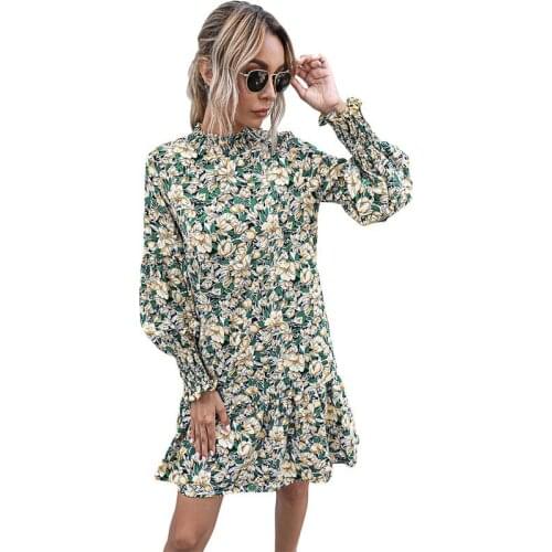 Casual Floral Long Puff Sleeve 2020 Autumn Dress Women Stand-up Collar Buttons Loose Waist Hem Ruffles A-line Mini Dress Vestido