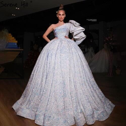 Serene Hill Dubai White Luxury One Shoulder Wedding Dress 2020 Sequins Sparkle Sleeveless Sexy Bride Gown Custom Made CHM67098