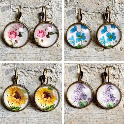 Glass Time Gem Earring Retro Flower Sunflower Lavender Jewelry Women Party Hot Sale Trendy Festival Earrings