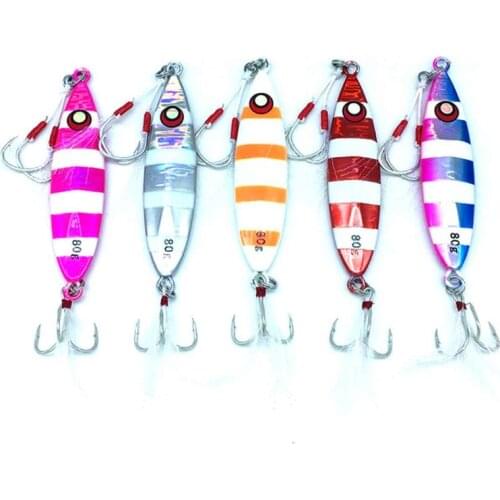 5PCS Deep sea Jigging Glow zebra Fishing Ocean Boat Rock Beach Slow Jig Jigbait Spoon Lure baits Feather Hook 80g