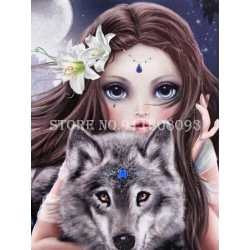 5D Diy Diamond Painting Girl and Wolf Cat Full Diamond Embroidery Cross Stitch Mosaic Rhinestones Art Needlework Home Decoration