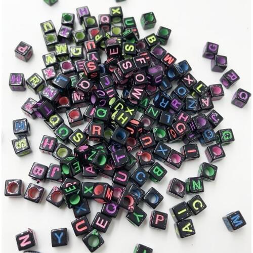 100 pcs 6mm Acrylic Black Mixed Alphabet Letter Square Cube Spacer Beads Big Hole Pick