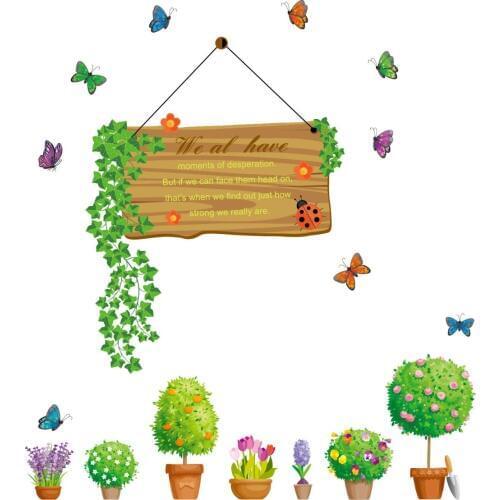 Bonsai Green Potted Plant Leaves Flowers Butterfly Wall Stickers Window Glass Decoration Wall Decals Wall Border Mural Decor