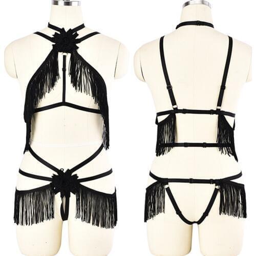 Black Tassel Harness Cage Bra Goth Body Harness Sexy Lingerie Tassel Bottom Thongs G-string Fetish Bandage Belt Set