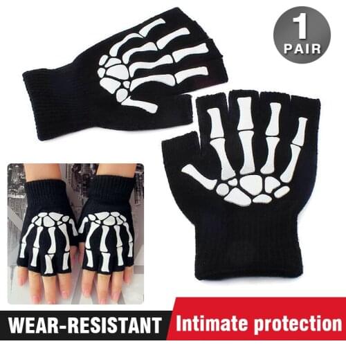 Gothic Knitted Half Finger Gloves Unisex Adult Halloween Fingerless Mittens Skeleton Bones Pattern Cycling Warm Gear