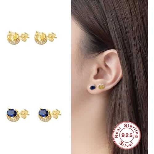 GS 925 Sterling Silver White Zircon Moon Shape Stud Earrings For Women Big Black Yellow Crystal Ear Stud Party Fine Jewelry