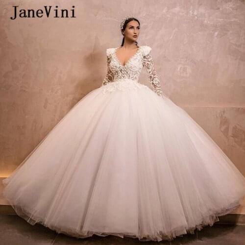 JaneVini Dubai Luxury Beaded Long Sleeve Wedding Dresses with Padded Shoulders V Neck Applique Lace Puffy Ball Gown Bridal Dress