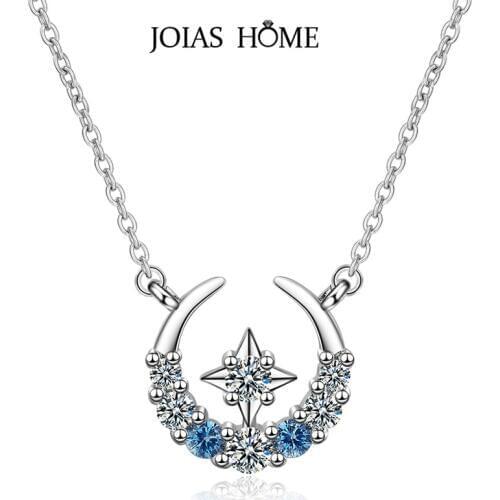 JoiasHome 925 Sterling Silver Necklace Pendant Korean Version with Blue Star Moon Short Clavicle Chain Wedding Dinner Gift