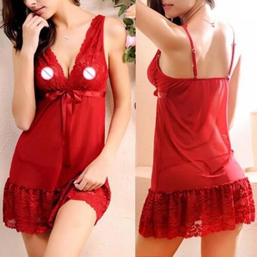 Lace Lingerie Sexy Ladies With G-String 5 Colors Gown V-neck Sling Nightdress Adult Erotic Underwear Perspective Dress