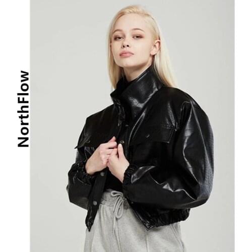 Northflow 2021 Autumn Leather Jackets Women England style Stand Cotton Liner Solid Feminino Femme Motorcycle jacket