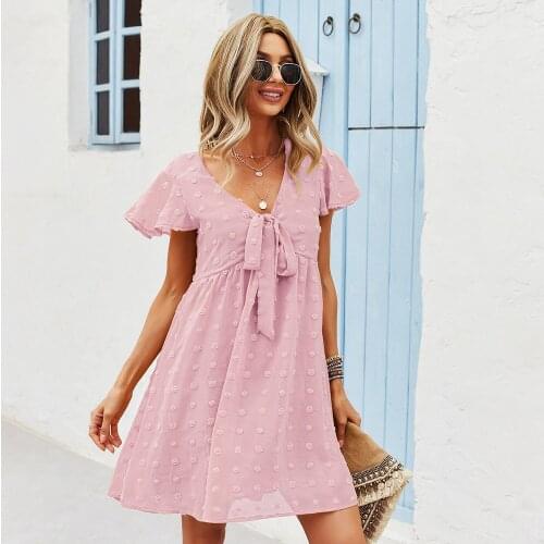Summer Loose Casual Bowknot Hair Ball Ruffled Flying Sleeve Women Mini Dress Sexy V-neck Fashion Short A-line Skirt -40