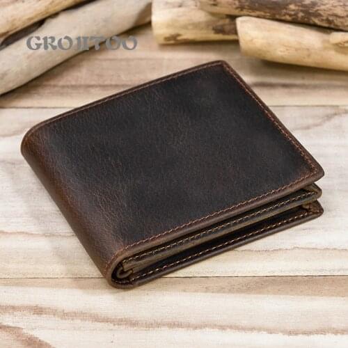 GROJITOO Crazy Horse Leather Man Wallet Genuine Leather short purse zipper change bag top layer cowhide 2 Fold Wallet