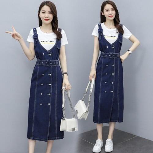New Summer Women Dress Retro Double Button Collect Waist Belt Slim Back Slit Solid Strap Jeans For Females Vest Denim One-Piece