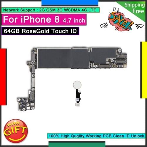 Original Logic Board With Home Button For IPhone 8 Unlocked Motherboard 64GB RoseGold Touch ID Good Working Function Mainboard