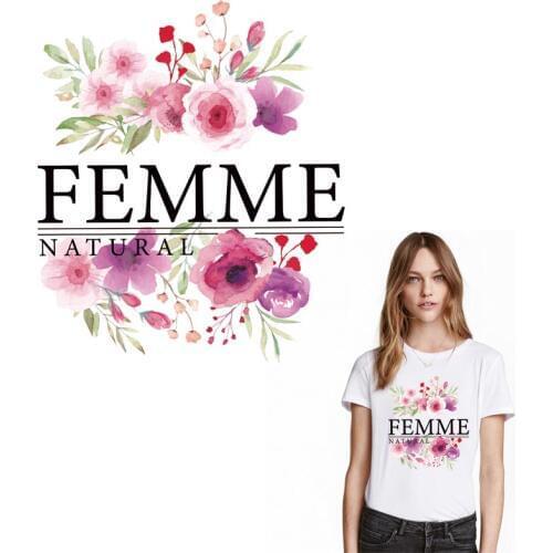 Flower Patches Iron-On Transfers For Clothing Women T-shirt Watercolor Flower Word Strips Sticker On Clothes Heat Transfer Vinyl