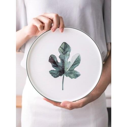 Simple Nordic Ceramic Tableware Breakfast Plate Steak Plate Western Food Dim Sum Plate 9-inch Green Plant Tray Dinner Set Dishe