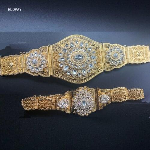 RLOPAY Big Size Gold Belts for Caftan Dress Morocco Chic Waist Chains Hollow Out Flower with Rhinestone Luxury Bridal Belts