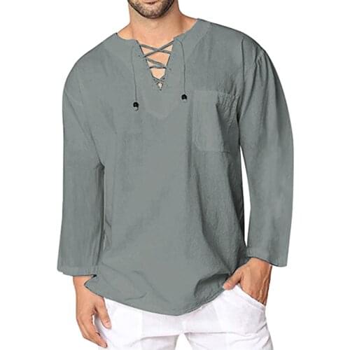 Mens Linen Shirts Blouse Bandage V Neck Male Solid Color Long Sleeves Casual Cotton Linen Shirt Pocket Vintage Tops M-3XL
