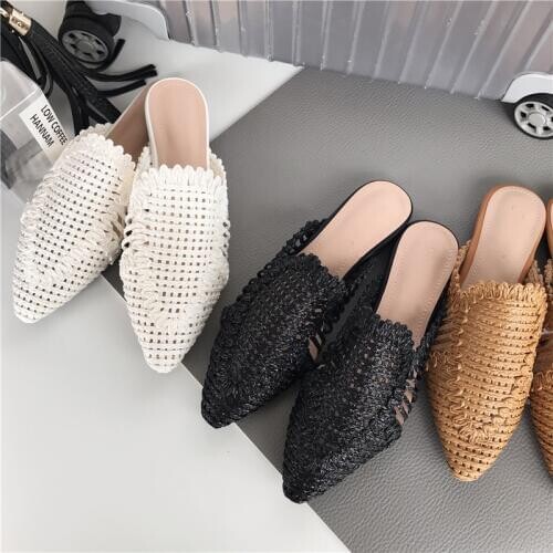 Fashion Women Slippers Outdoor Hemp Hollow Pointed Toe Slippers Flats Summer Sandals Slides Beach Shoes Woman Comfortable Mules