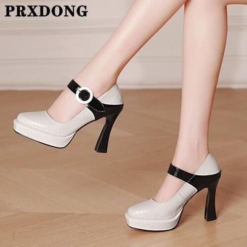 Brand Women Mary Janes Shoes Fashion Genuine Leather Round Toe Thick Heels Pumps Spring Summer Dress Wedding Party Shoes Woman