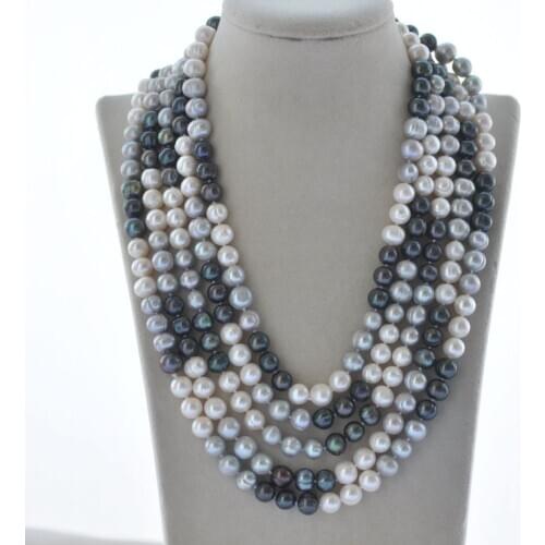 Z10902 18"~100" 10mm Round White Gray Black Pearl Necklace