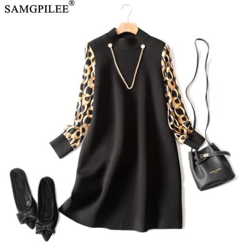 Women Clothing Winter 2021 Office Lady Korean Dress A-line Patchwork Full Sleeve Appliques Plus Size Empire O-neck Woman Dresses