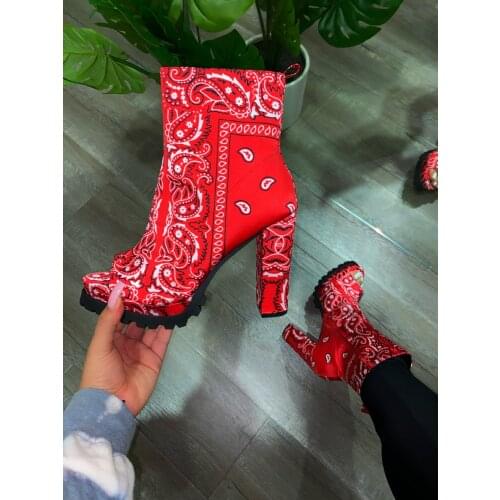 2021 Winter New Fashion Women Totem Printing Casual Boots Women Ankle Boots Zipper Square Heel Fish Mouth Boots