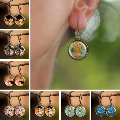 Van Gogh Sunflower Gustav Klimt The Kiss Art Painting Earrings Retro Statement Long Dangle Earrings Women Handmade Jewelry
