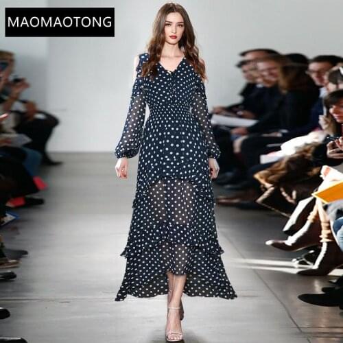 2021 Summer Runway New Vacation Dress Women V-neck Elastic Waist Fashion Polka Dot Print Long Chiffon Dress Vestidos