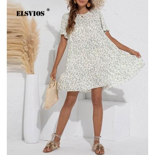 Loose Folds Dress Office Lady Casual O-Neck Floral Short Sleeve Vestidos Summer Womens Fashion Beach Vacation Ruffle Mini Dress