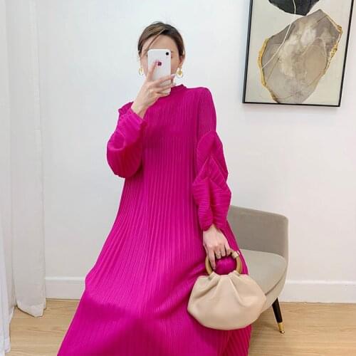 Miyake Pleated puff sleeve dress 2021 Summer New long loose large size women clothes aesthetic Elegant casual dress