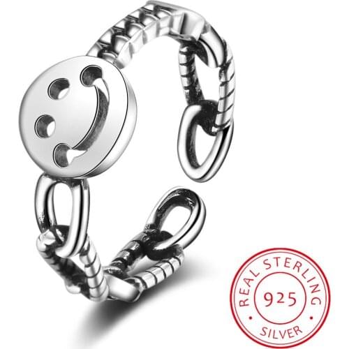 925 Sterling Silver Hollow Smiling Face Ring Heart Lock Chain Thai Silver Adjustable Rings For Women S-R505