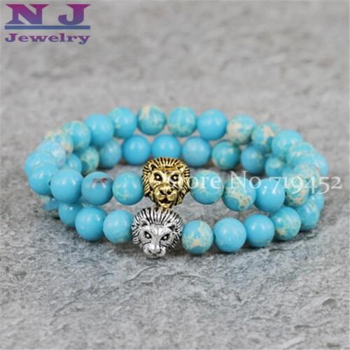 2015 Hot Sale Mens Jewelry Wholesale 8mm Blue Sea Sediment Stone Beads Antique Silver and Gold Lion Bracelets Party Gift