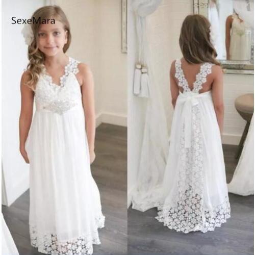 White Boho Flower Girl Dresses For Weddings V Neck Lace Girls Wedding Party Dress Princess Birthday Gown