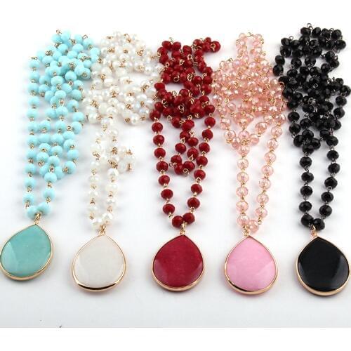 Free Shipping Fashion Bohemian Jewelry Rosary Chain Link Crystal Stone Drop Pendant Necklaces For Women