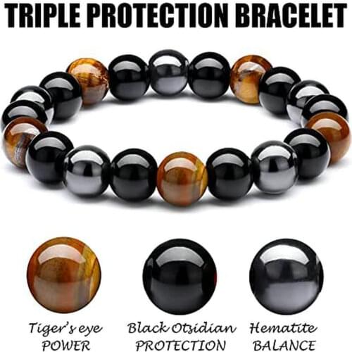Triple Protection Bracelet For Men Women Bring Luck and Prosperity Hematite Black Obsidian Tiger Eye Stone Bracelets Men Jewelry