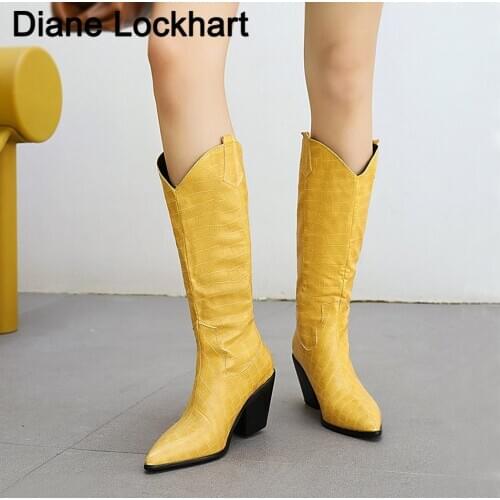 Brand Designer Crocodile PU Women Knee High Boots western cowboy Riding Boot Pointed toe Wedge Botas Woman High Heels Bottes 41