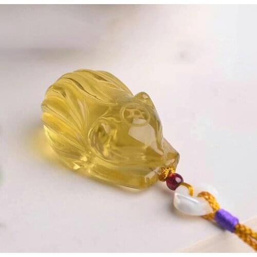 Yellow Natural Crystal Pendants Hand Carved Nine Tails Fox Pendant Rope Chain Necklace Lucky for Women Girl Fashion Jewelry