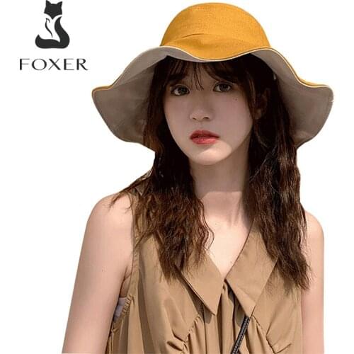 FOXER Double-Sided Available Fisherman Hat Cotton Shade Outdoor Anti-Ultraviolet Big Brimmed Hat Korean Wild Wind Rope Sun Hat