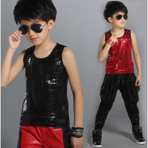 Jazz Costume Boys Sequined Vest Top Children Street Clothes Hip Hop Dancing Outfits Modern Stage Show Party Dance Wear DN2958