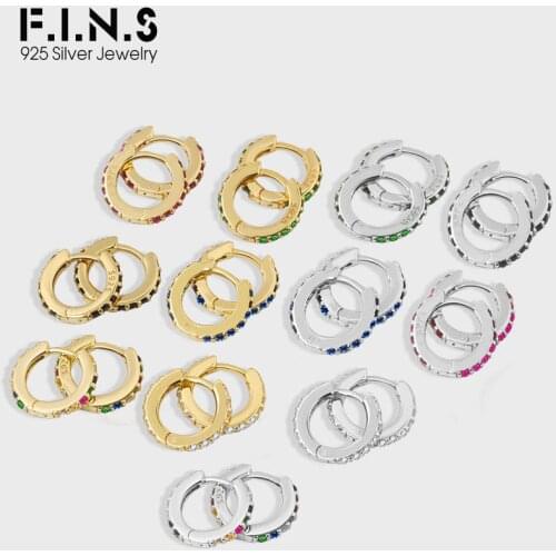 F.I.N.S 12 Colors Genuine Sterling Silver Huggie Hoop Earrings With Zircon 8.8mm Rainbow CZ Round Earring For Women Anti-Allergy