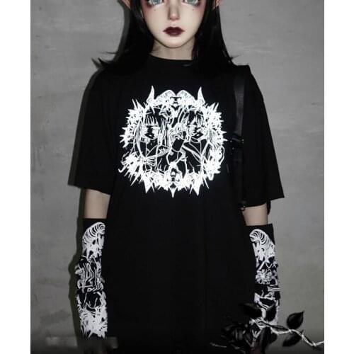 Gothic Half Length Pullover Slim Long Sleeve Bottoming tShirt Black White Cartoon Printing T-shirt Punk Hot Girl Tops Tee