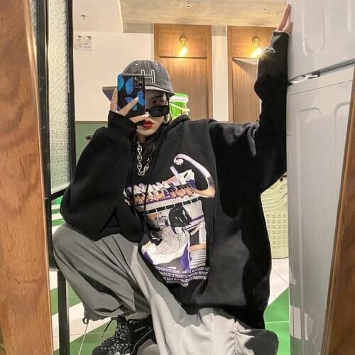 Autumn High Street Kpop Loose Harajuku Cool Black Girls Hoodies Women Loose BF Japan Oversized Fashion Hooded Sweatshirts