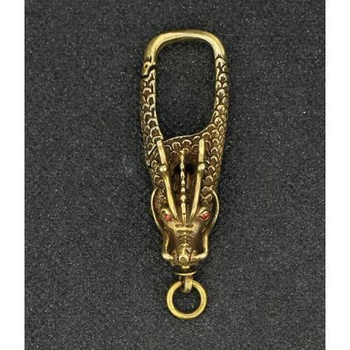 Collection Chinese Brass Carved Animal Dragon Head Key Buckle Pendant Exquisite Small Pendant Statue Gift