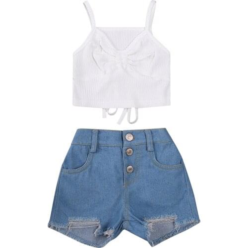 2 Pieces Kids Suit Set, Girls Solid Color V-Neck Short Camisole+ Denim Shorts with Pockets for Summer, White, 1-6 Years
