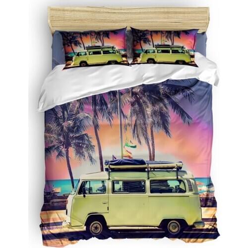 Summer Dusk Sunset Seaside Bus Tropical Coconut Trees Duvet Cover Set 2/3/4pcs Bedding Set Bed Sheet Pillowcases Cover Set